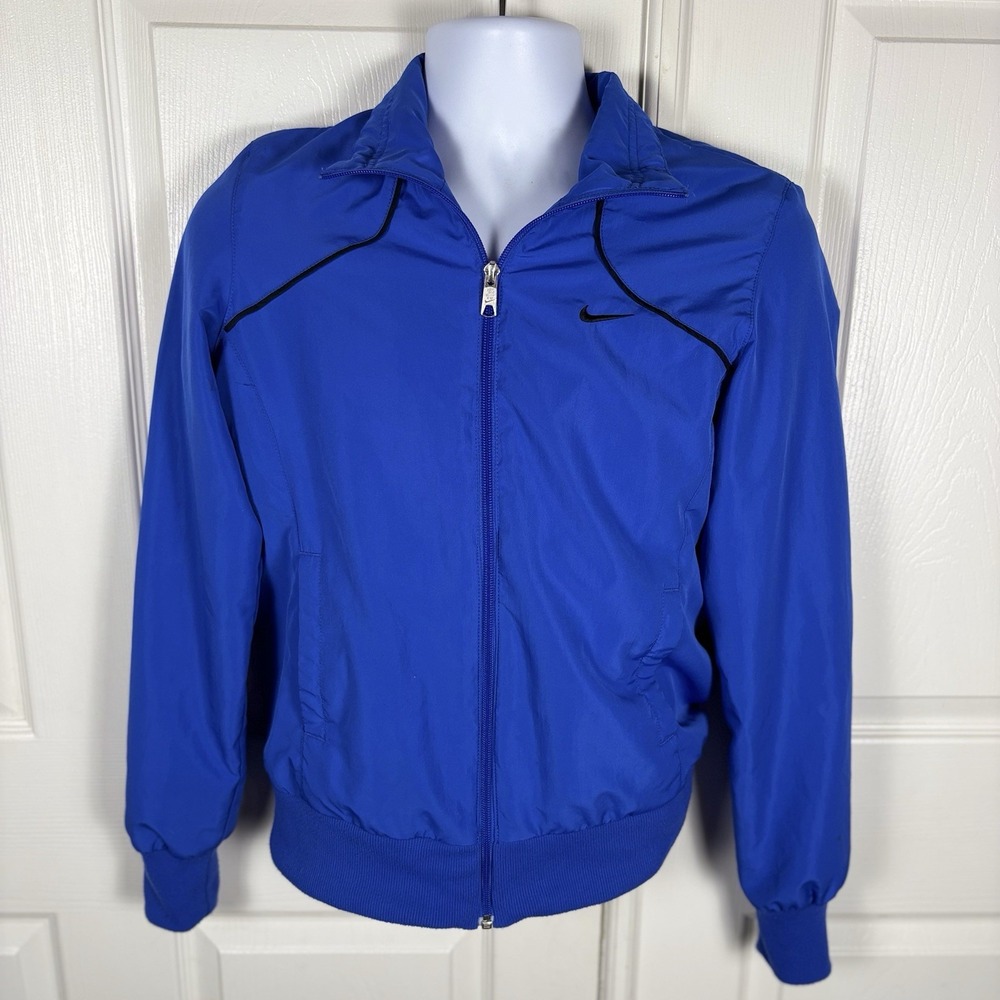 Nike Jacket Womens Medium Blue Black Embroidered Swoosh Windbreaker Casual